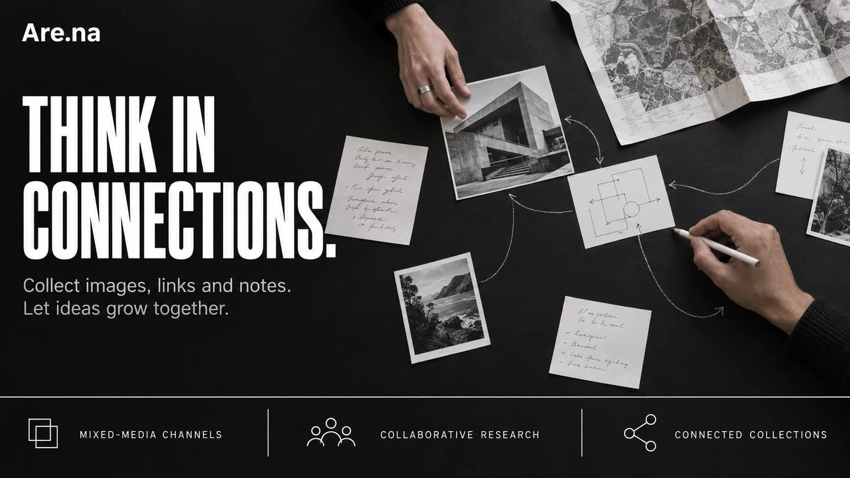Are.na editorial artwork showing photographs, notes, and diagrams connected by chalk arrows on a dark table