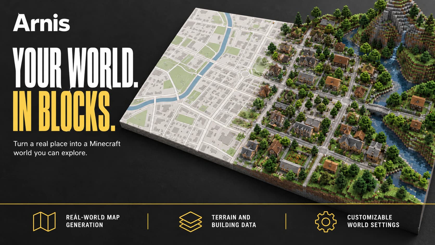 Arnis editorial artwork showing a paper map becoming a block-built Minecraft town