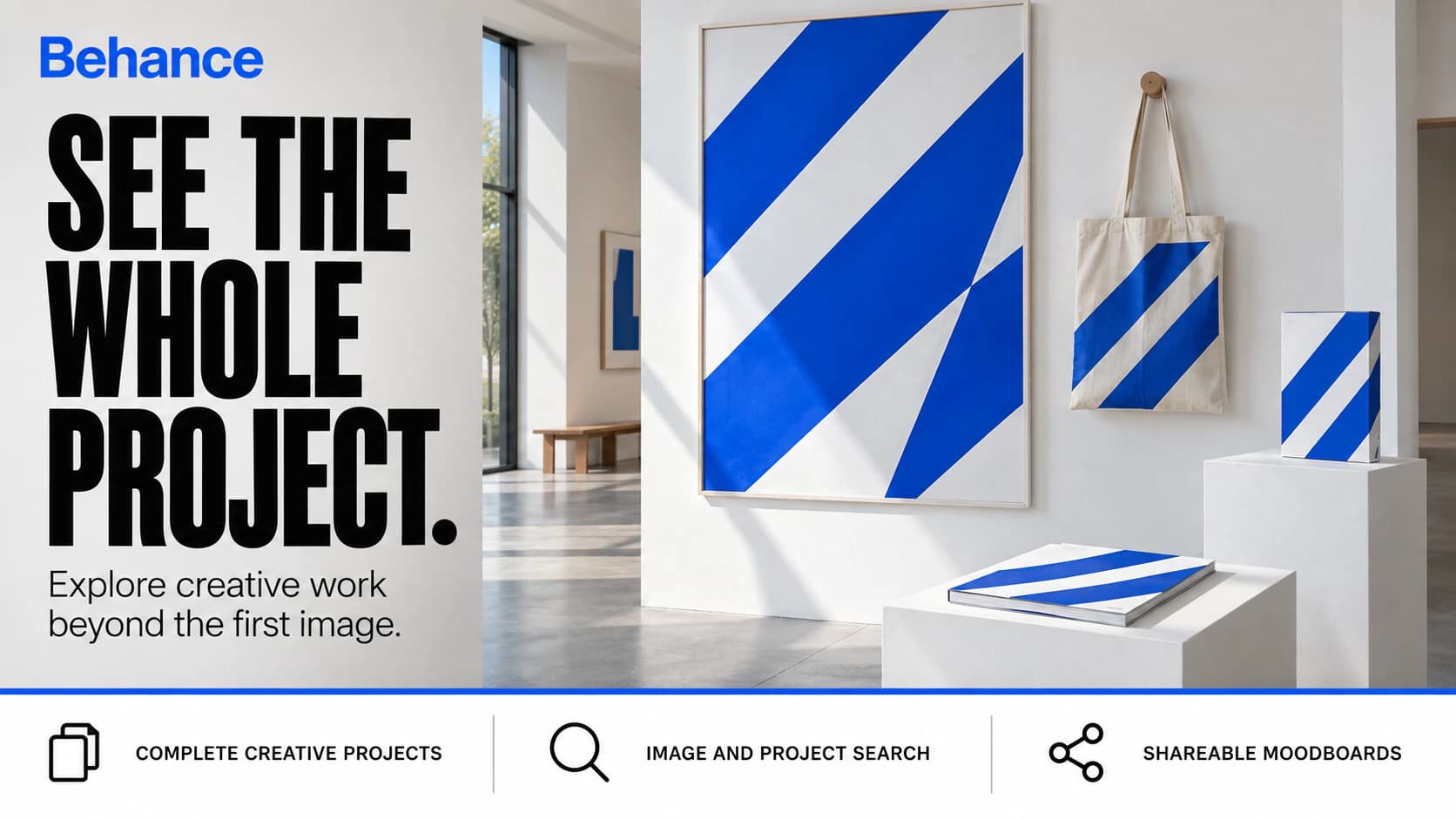 Behance editorial artwork showing a coordinated blue-and-white identity across a poster, tote bag, book, and brochure