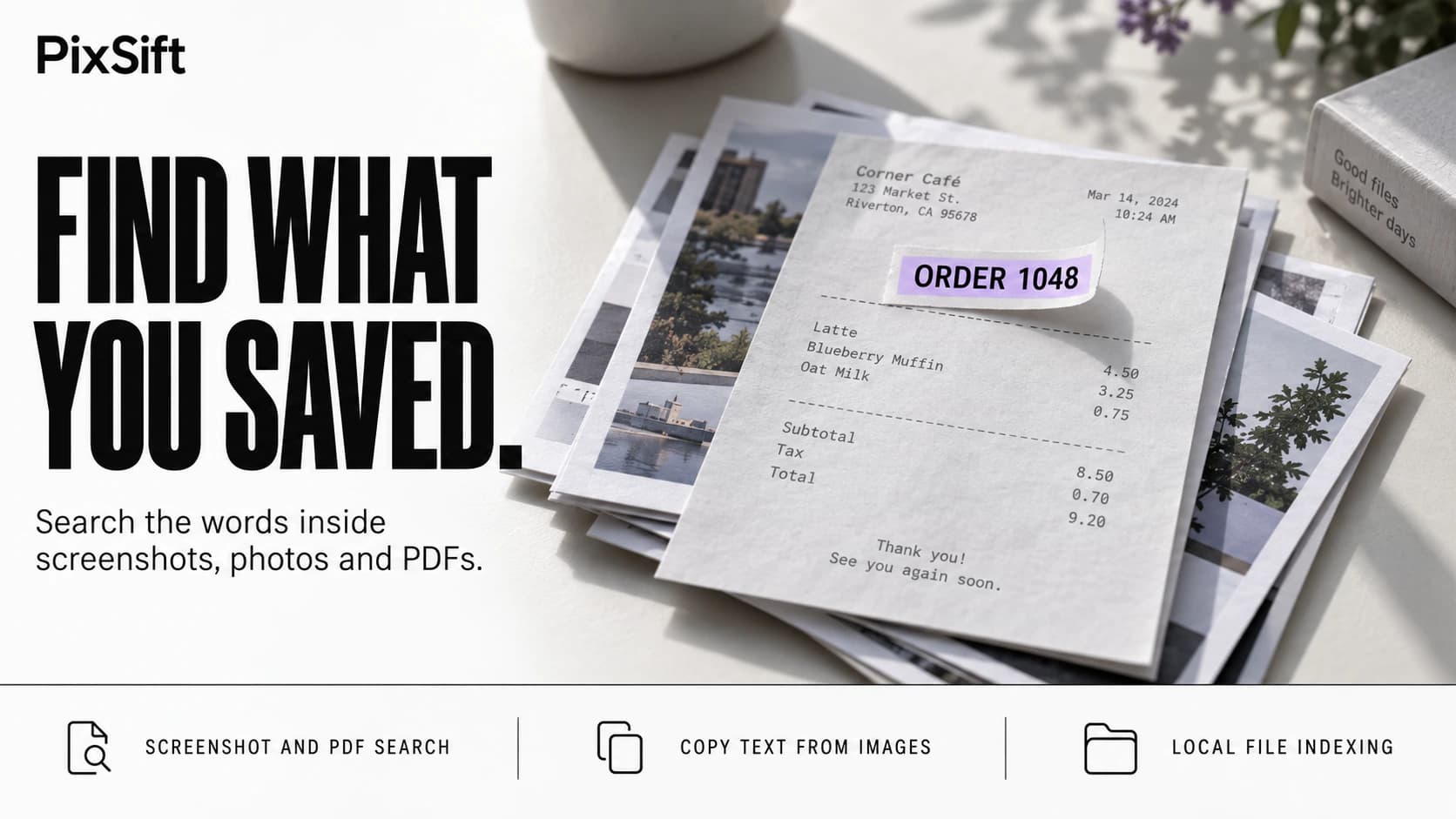 PixSift editorial artwork showing a highlighted order number on a receipt above saved photographs