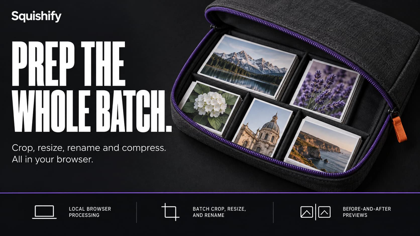 Squishify editorial artwork showing a batch of photographs arranged inside a zippered case